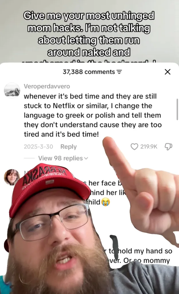 A screenshot of a TikTok video with text overlay, asking for unhinged mom hacks, showing a comment about changing Netflix language to Greek or Polish when it's bedtime.