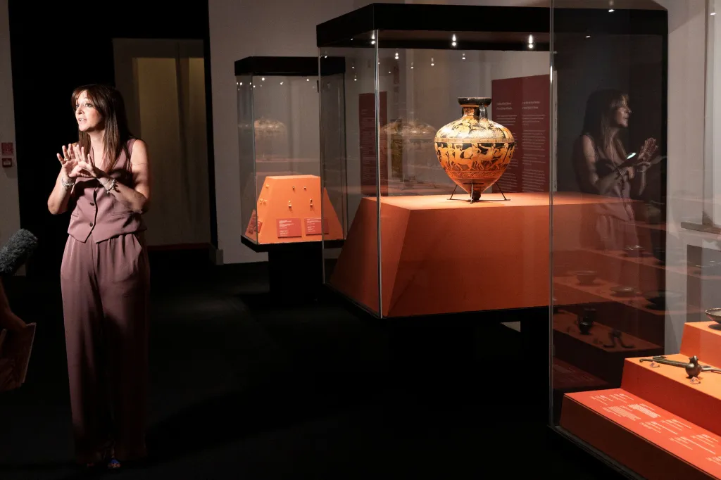 Luana Toniolo, Director of National Etruscan Museum of Villa Giulia, speaks during an interview near a vase from Brussels Royal Museums of Art and History, temporarily on display on the occasion of the inauguration of the newly acquired Tomb of Francois, in Rome, Italy, June 30, 2026.