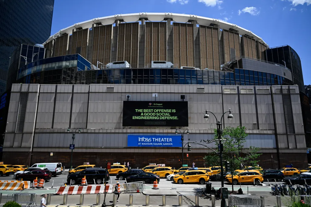 Madison Square Garden in New York City with a sign for the