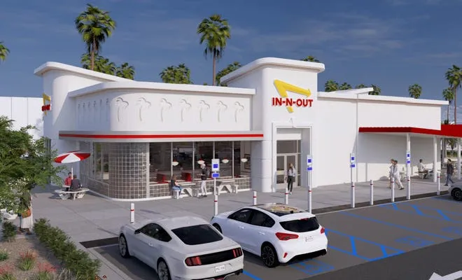 Illustration of the first In-N-Out building in Palm Springs with a parking lot and palm trees.