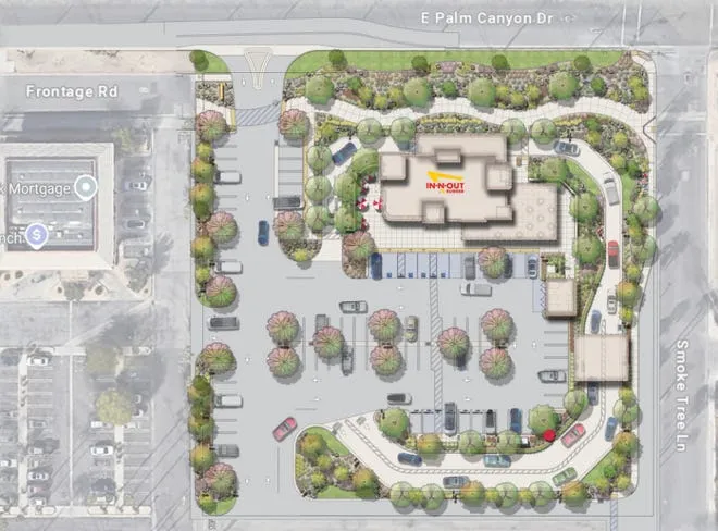Illustration of map renderings of the first In-N-Out in Palm Springs.