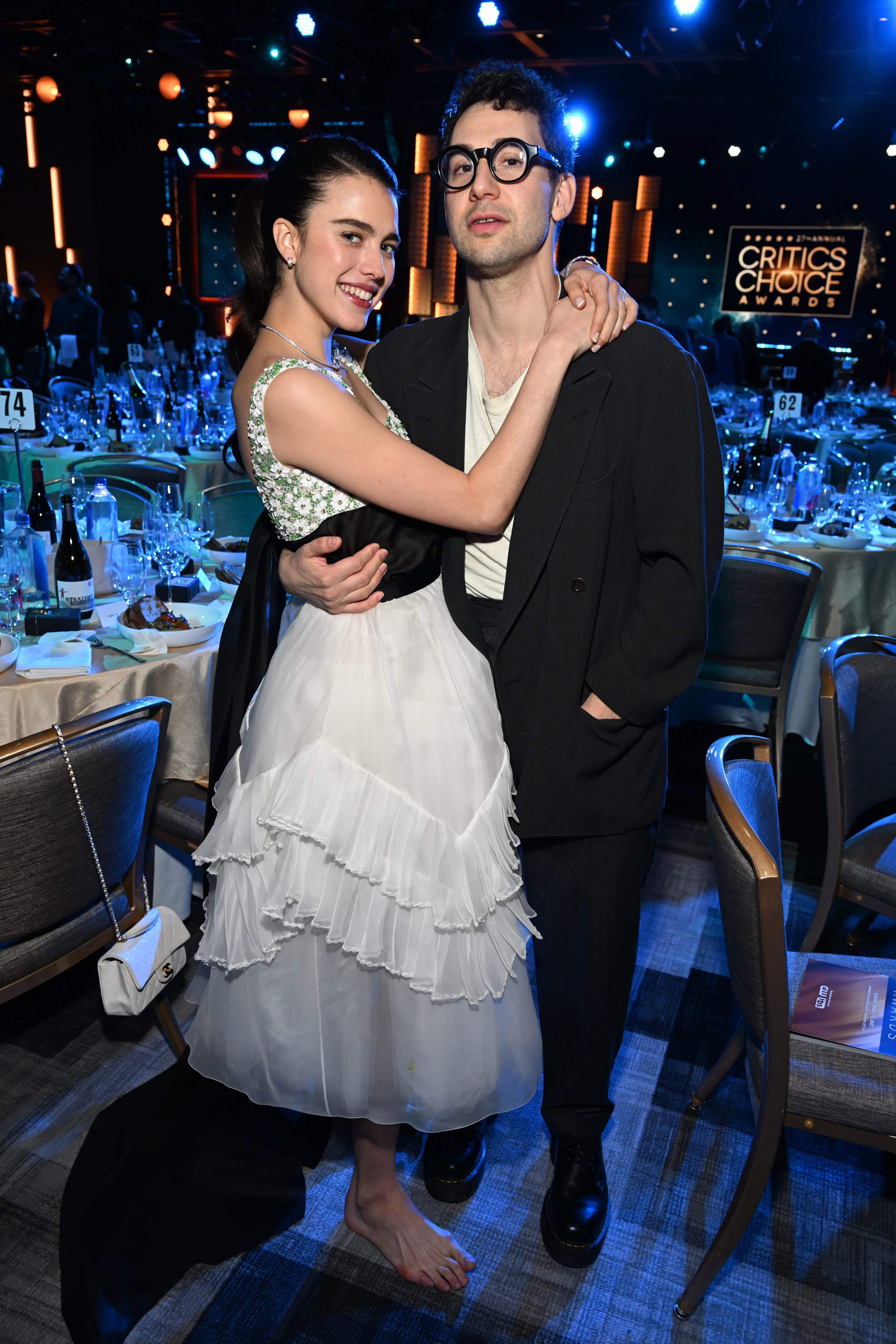 Margaret Qualley and Jack Antonoff embracing at the Critics Choice Awards.