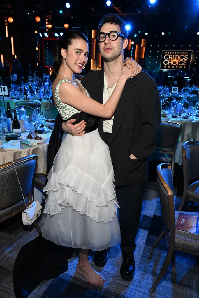 Margaret Qualley and Jack Antonoff embrace at the Critics Choice Awards.