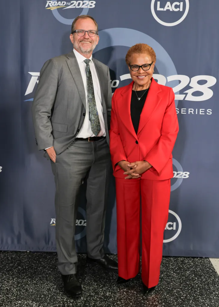Matt Petersen, President and CEO of LACI, and Los Angeles Mayor Karen Bass smiling at the Los Angeles Cleantech Incubator (LACI) Road to 2028 Summit.
