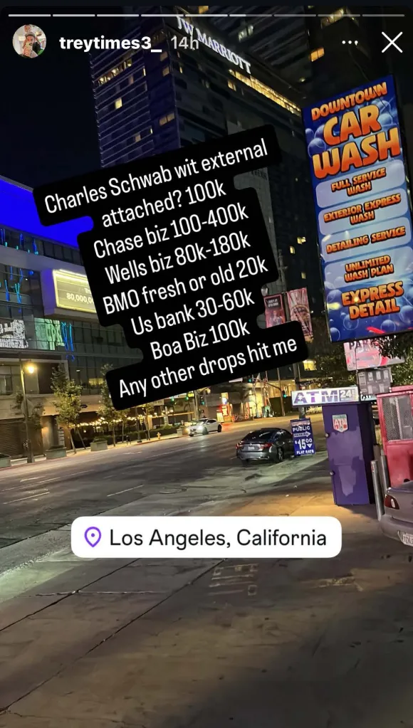 Screenshot of an Instagram story in Los Angeles, advertising bank accounts and asking for 