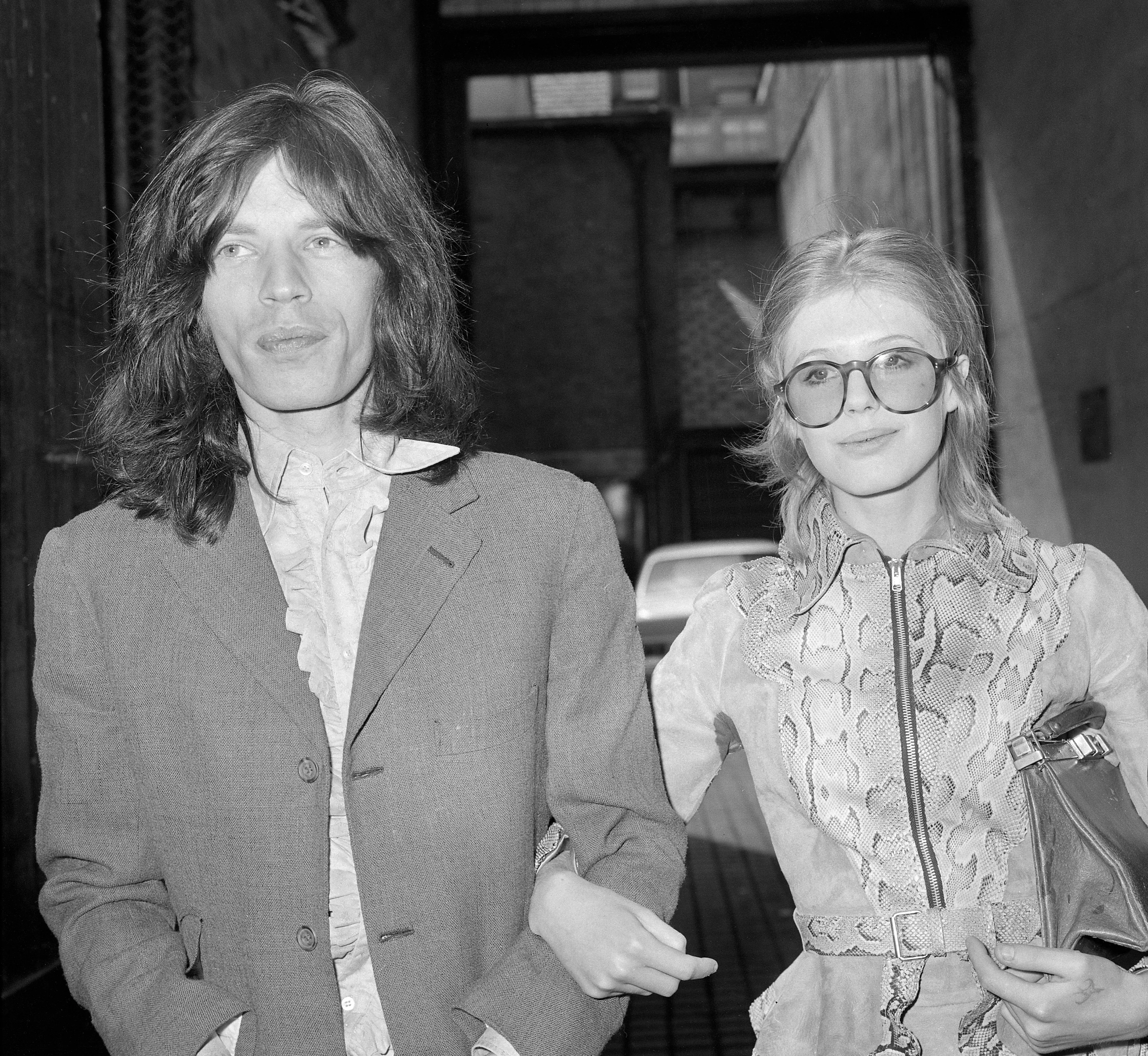 Mick Jagger, lead singer of the Rolling Stones, and actress Marianne Faithfull after their appearance at Marlborough Street Court in London. 
