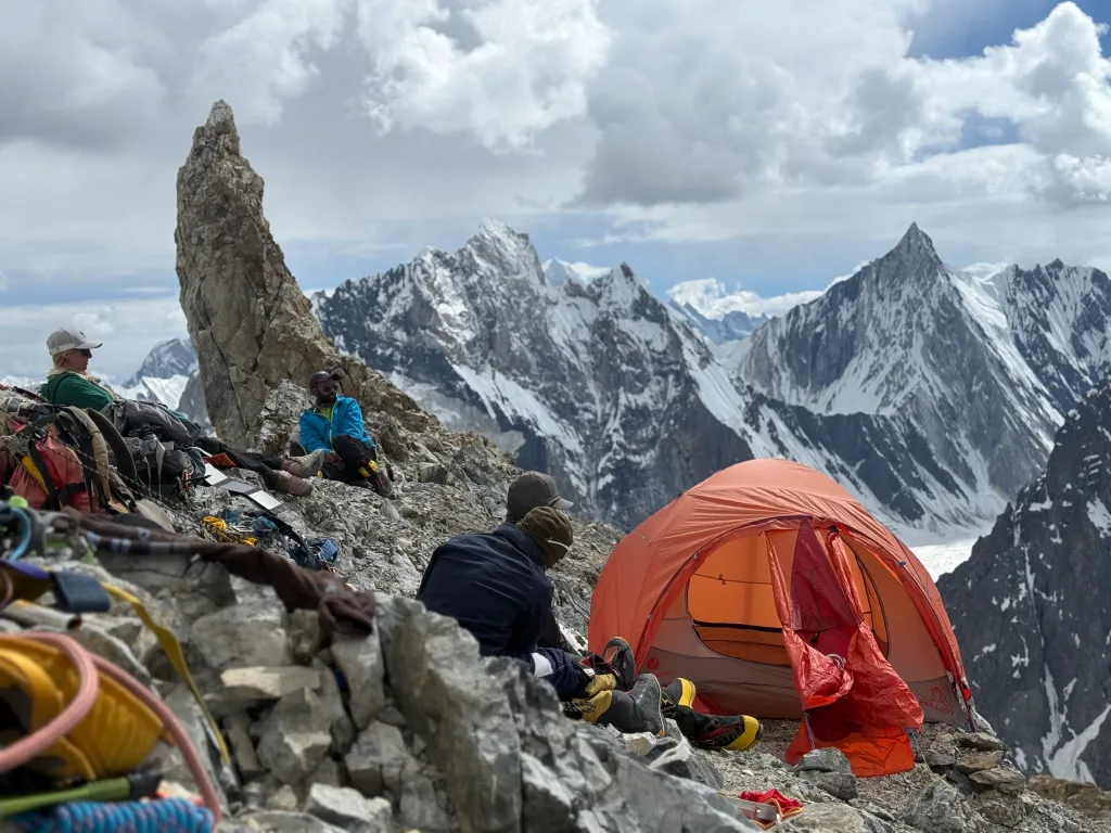 Climbers including American Mallory Geis take a break during a climb in Pakistan.
