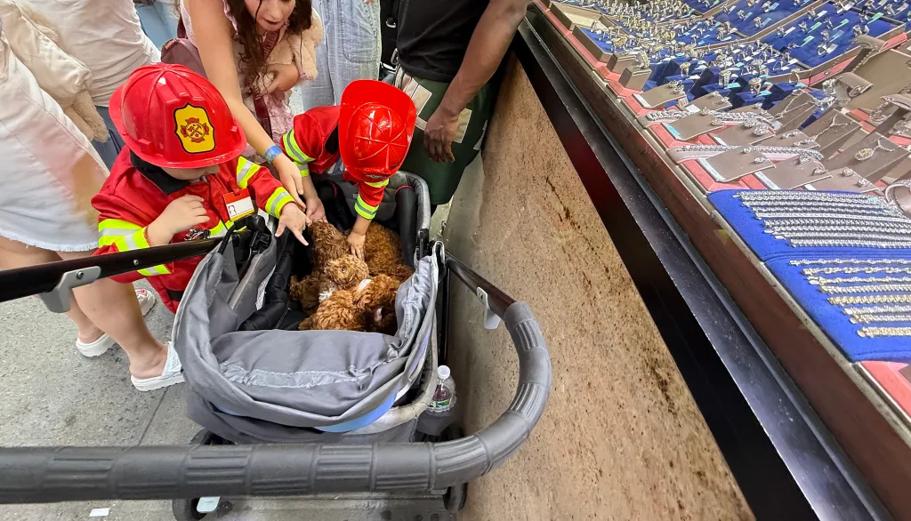Children in fireman costumes admire mini-poodles for sale in a baby stroller on West 47th St.