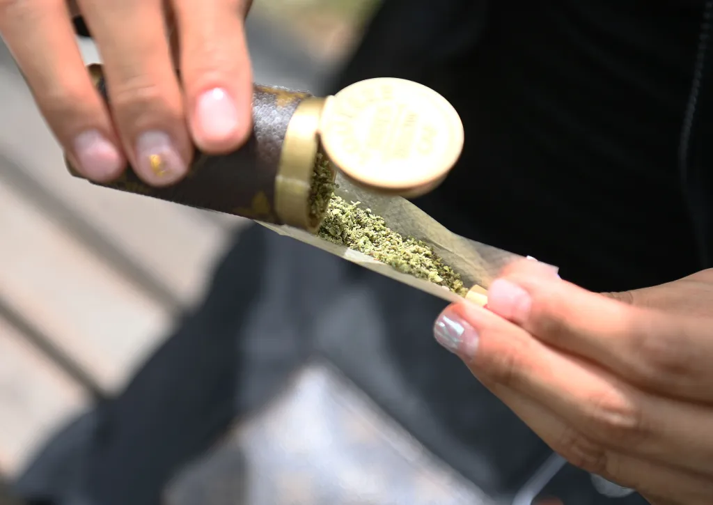 Hands filling a rolling paper with cannabis from a container.