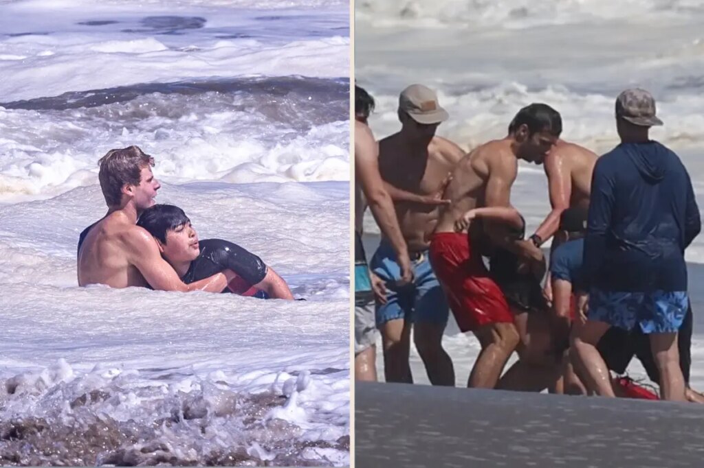 Heart-stopping moment little boy is battered by huge waves and dragged out to sea off California