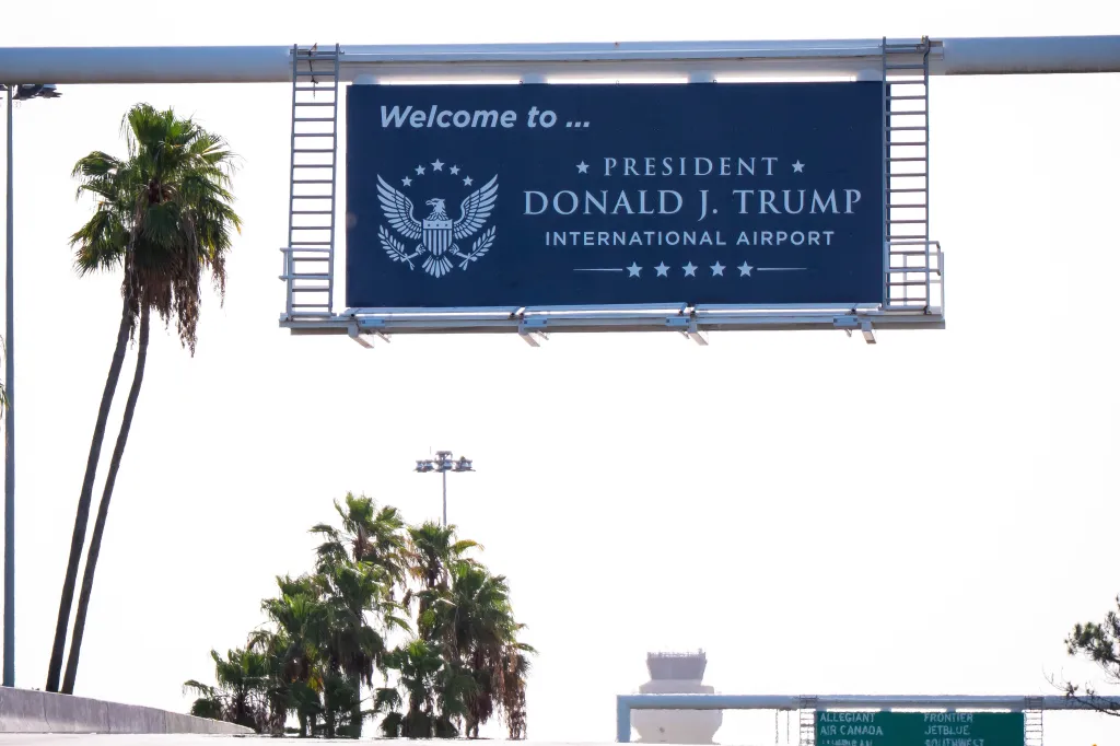 A newly installed sign reading 