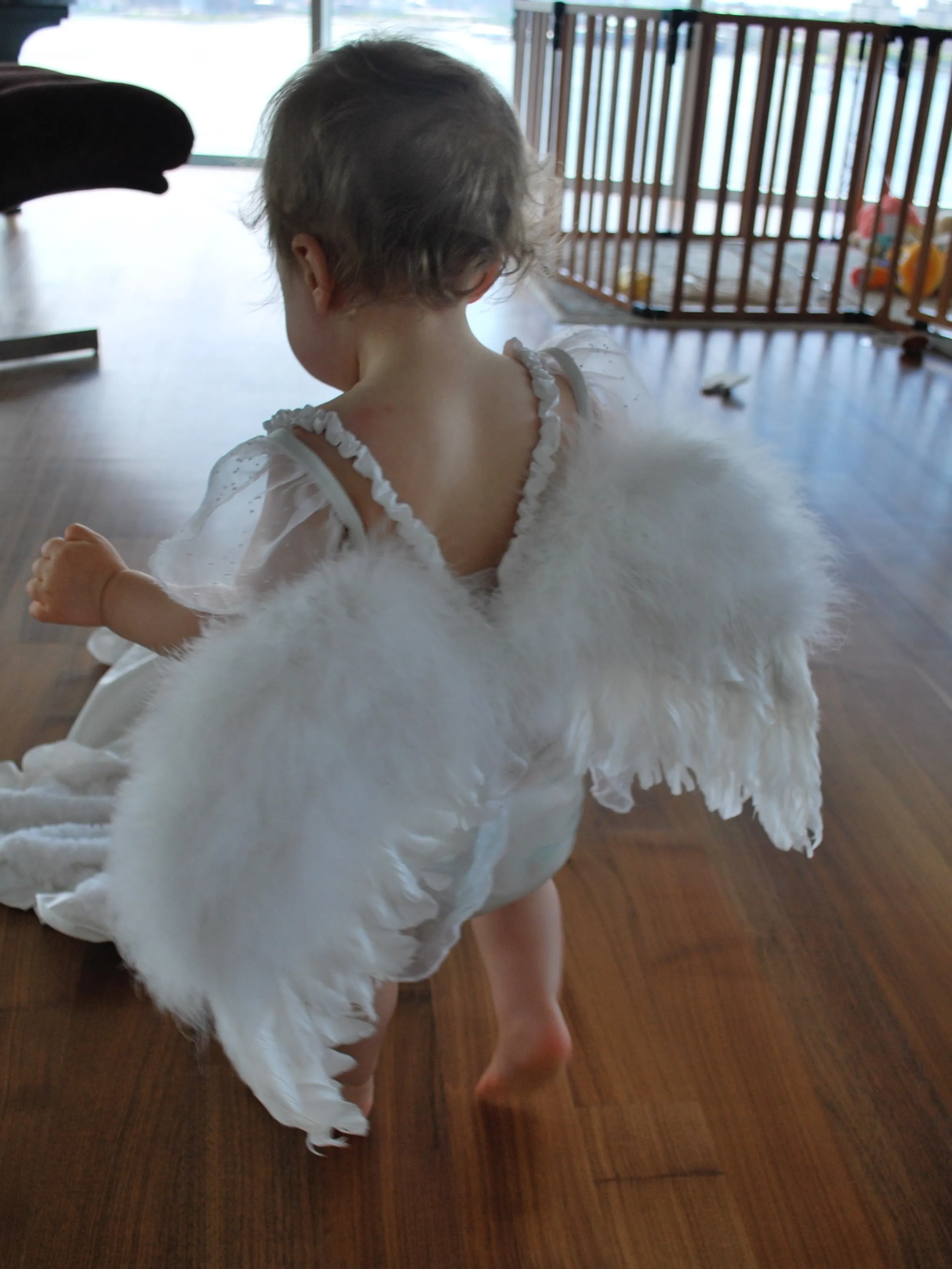 Toddler with light brown hair and a diaper, wearing a white dress and fluffy angel wings, facing away from the camera on a wooden floor.