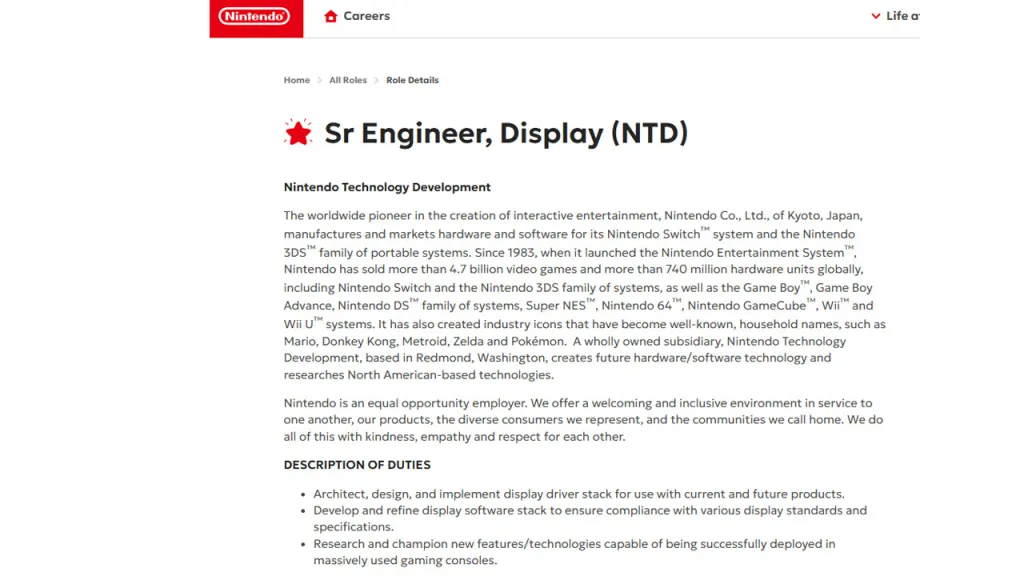 Nintendo Job Listing VRR
