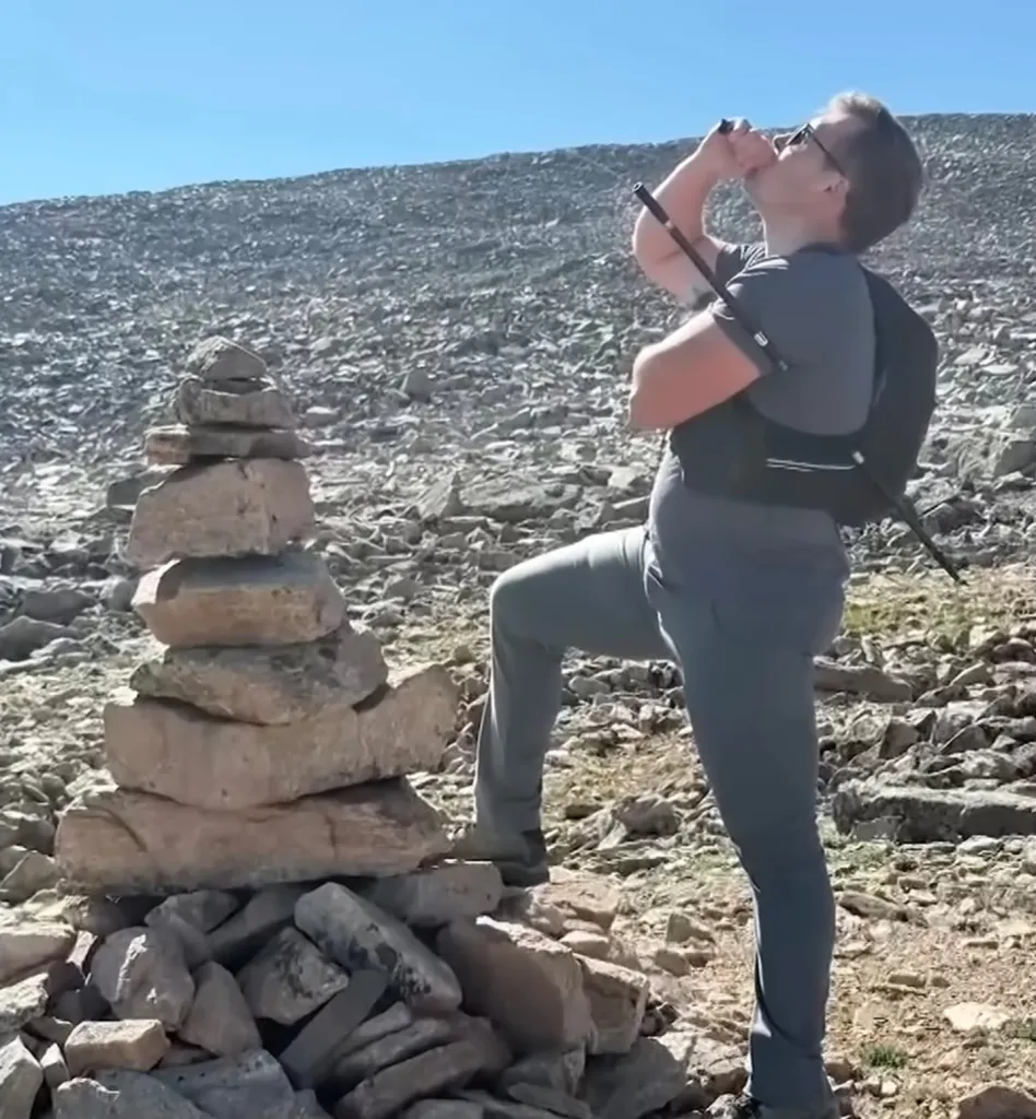 A man with a hiking pole impaled through his back stands by a rock cairn on a rocky mountain.