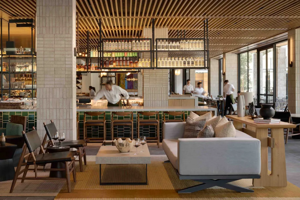 The interior of a bar and lounge area in the Appellation Healdsburg hotel.