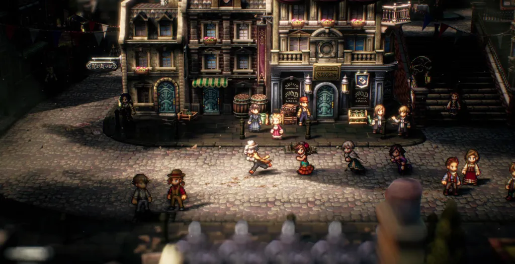 The Octopath Traveler 2 squad running through town in a picture for Waypoint Wishlist