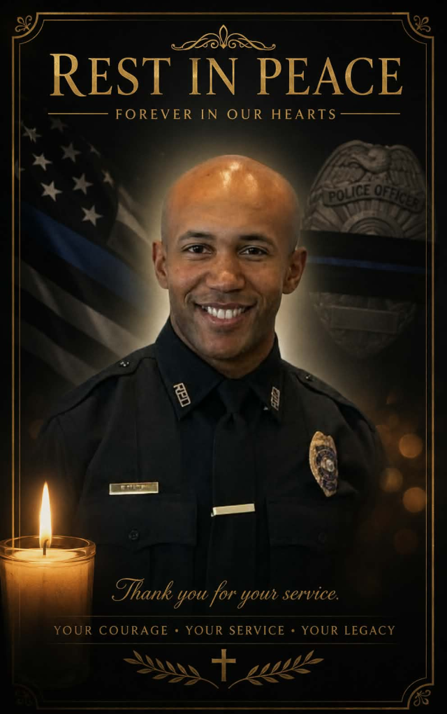 Memorial poster for Officer Fred Marsh, with his smiling portrait, a lit candle, and the text 