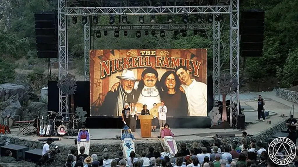 A large outdoor stage with a screen showing 