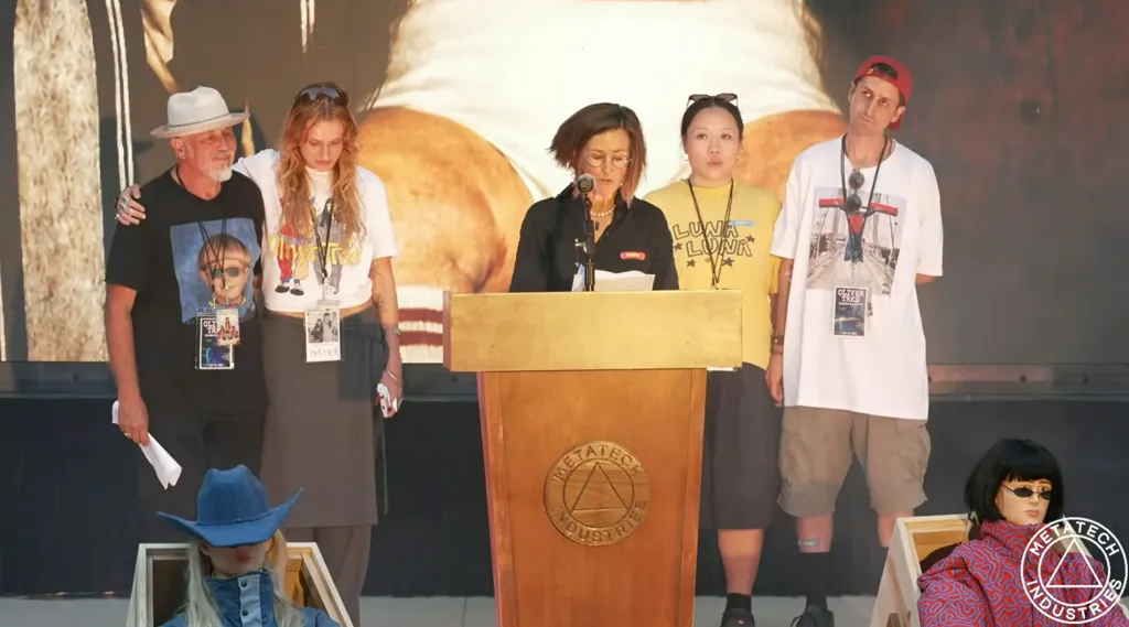 People gathered around a podium at a 