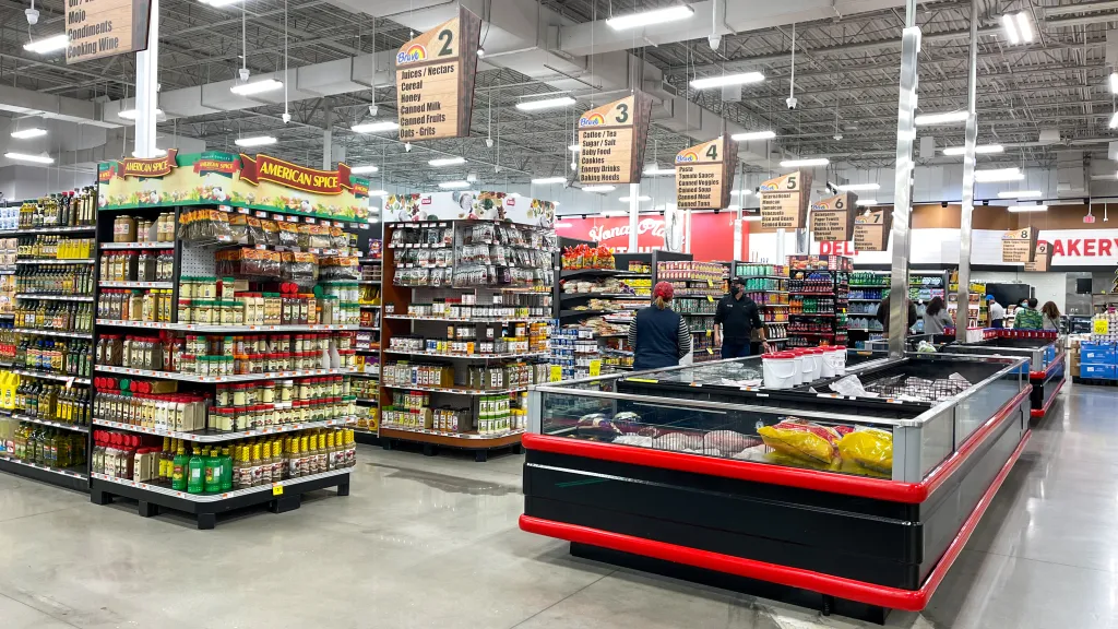 An overview of multiple aisles inside a Bravo Market Grocery Store in Orlando, Florida.