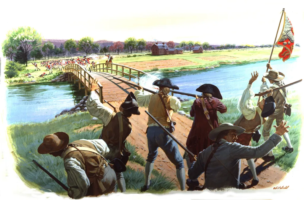 Illustration of Colonial Minutemen battling the British Army at the North Bridge during the Battle of Concord.