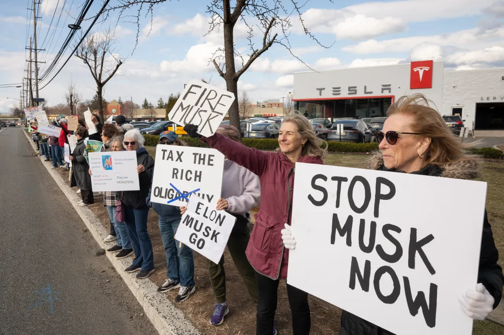 People protesting Elon Musk and DOGE outside a Tesla dealership.