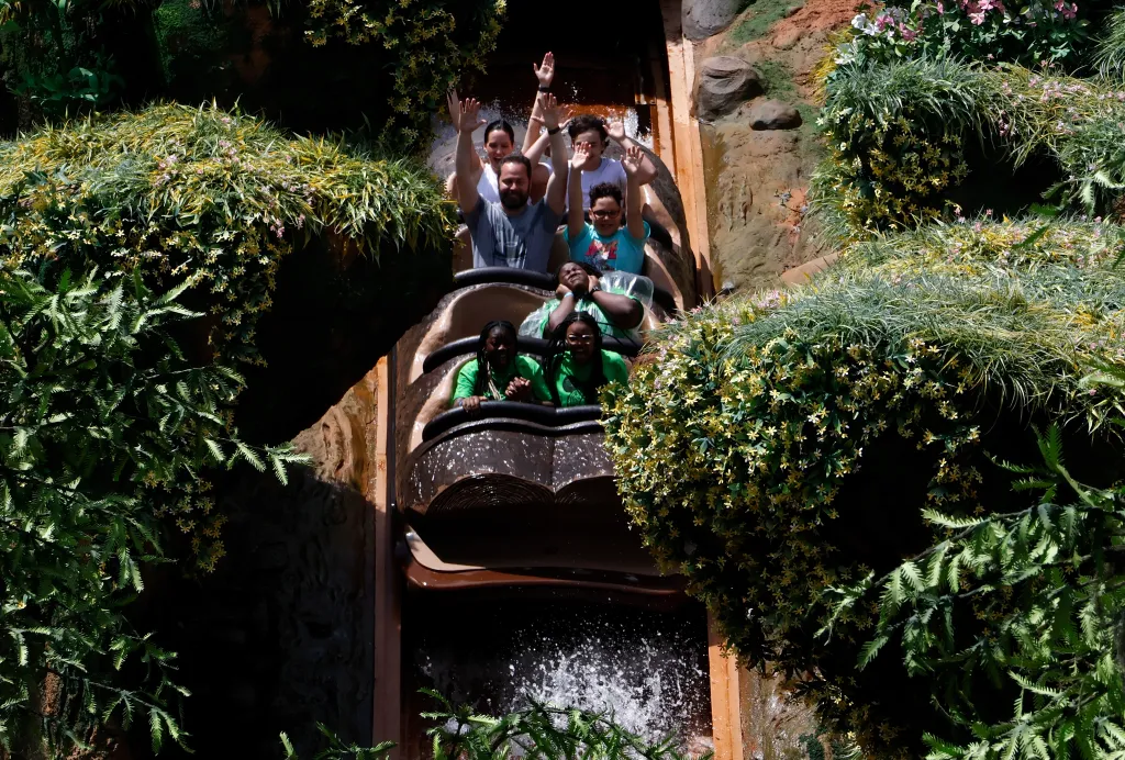 Riders on a log flume.