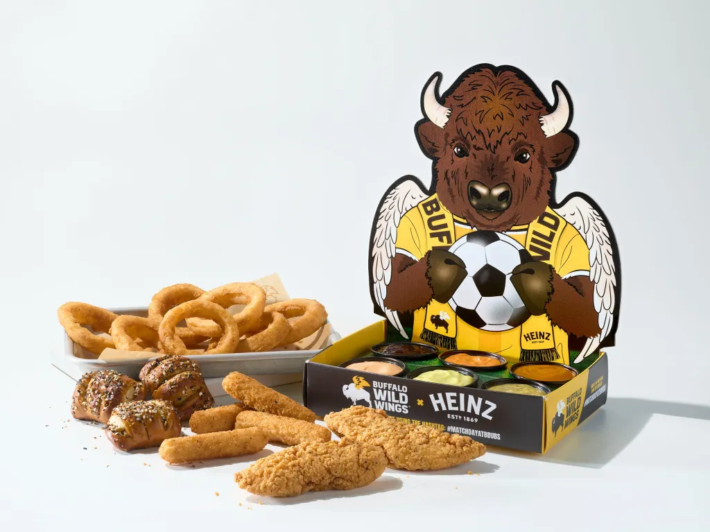 Buffalo Wild Wings' Matchday Menu with six dipping sauces, onion rings, mozzarella sticks, pretzel bites, and chicken tenders.