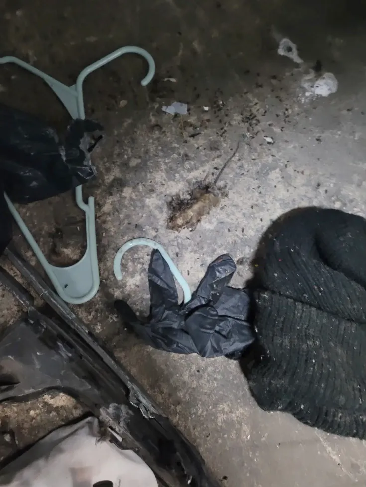 Dead rat and debris on a dirty concrete floor inside a storage unit.