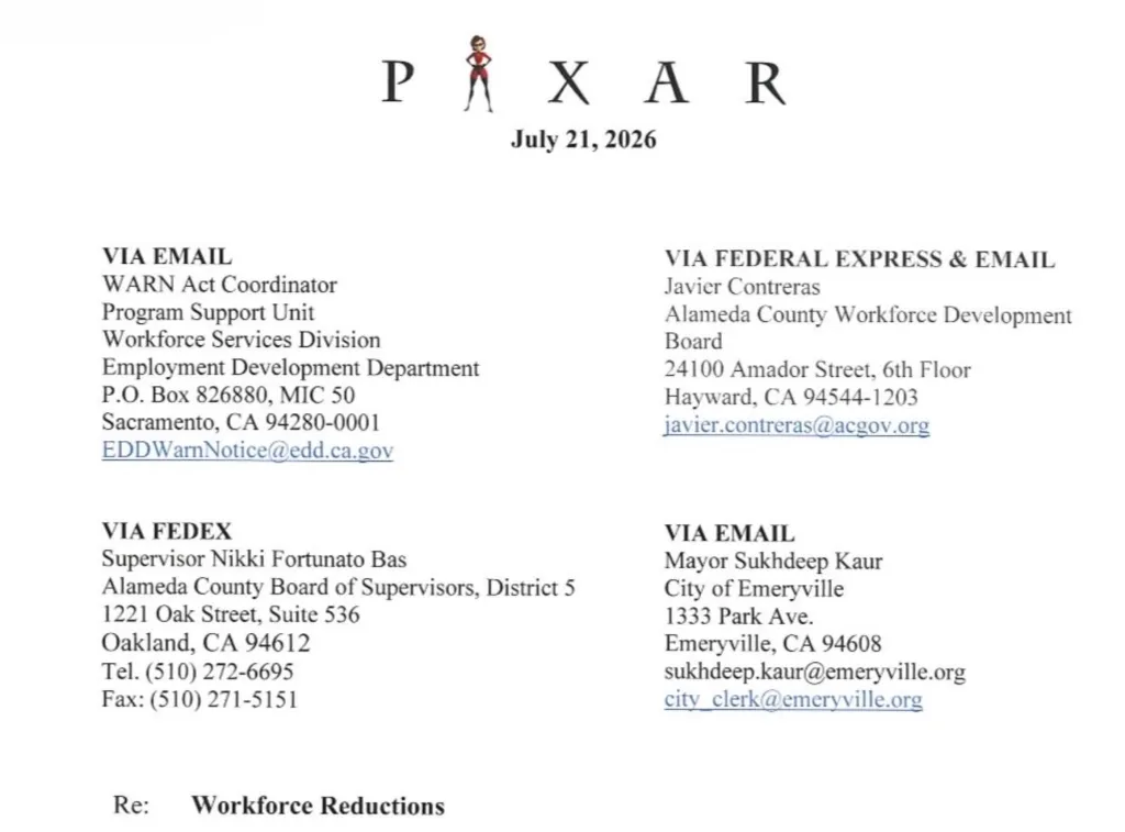 Pixar letterhead dated July 21, 2026, announcing 
