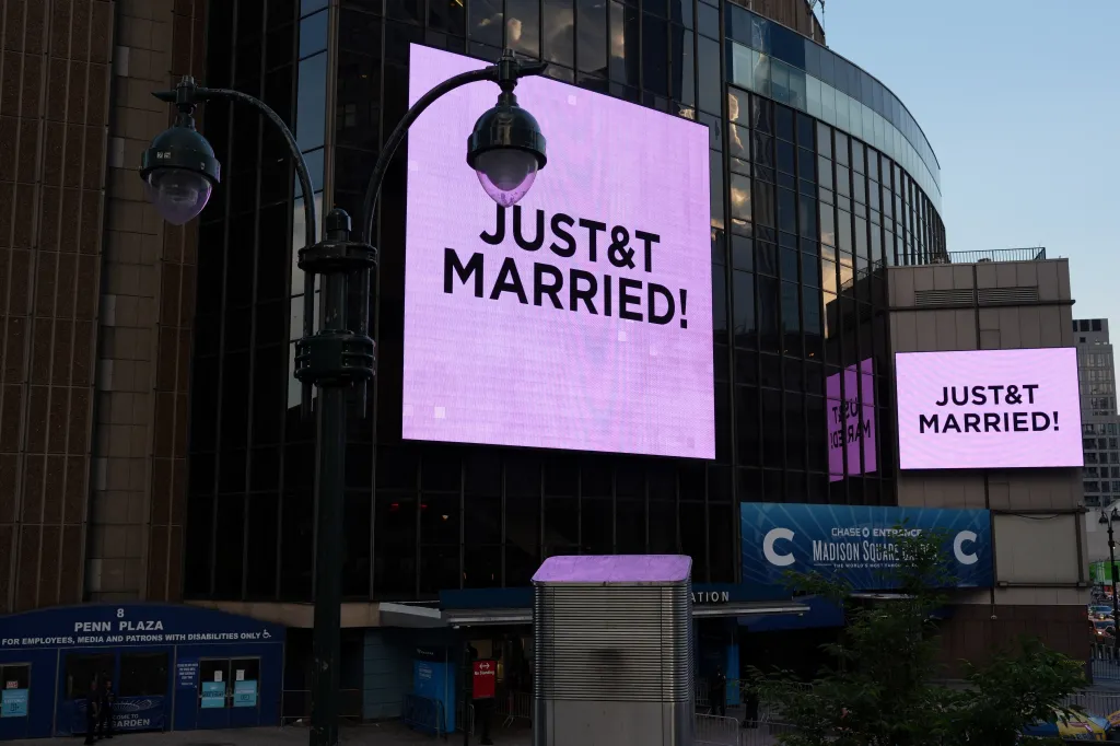 Screens outside Madison Square Garden display the message
