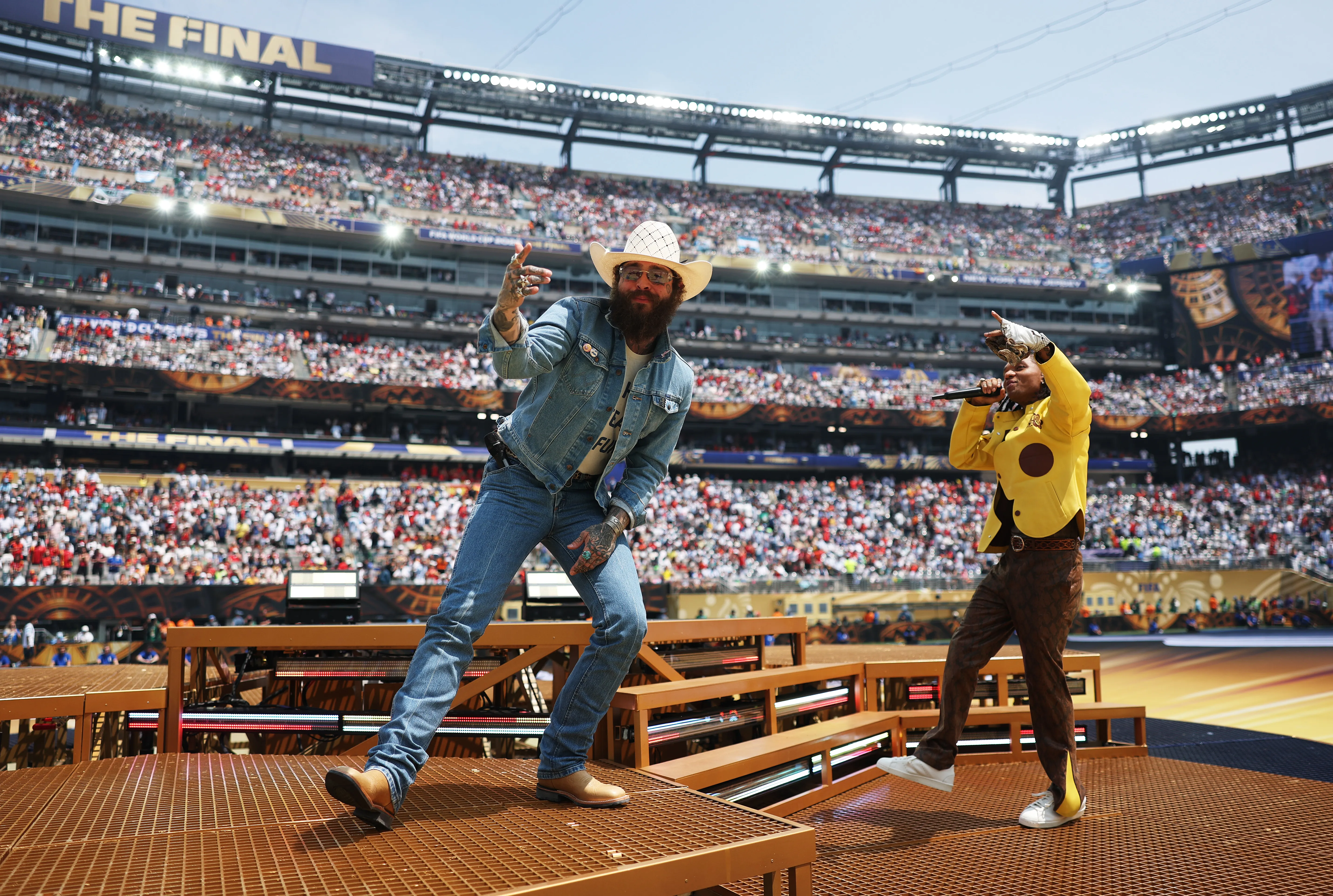Post Malone and Swae Lee perform at the FIFA World Cup 2026 Final closing ceremony.