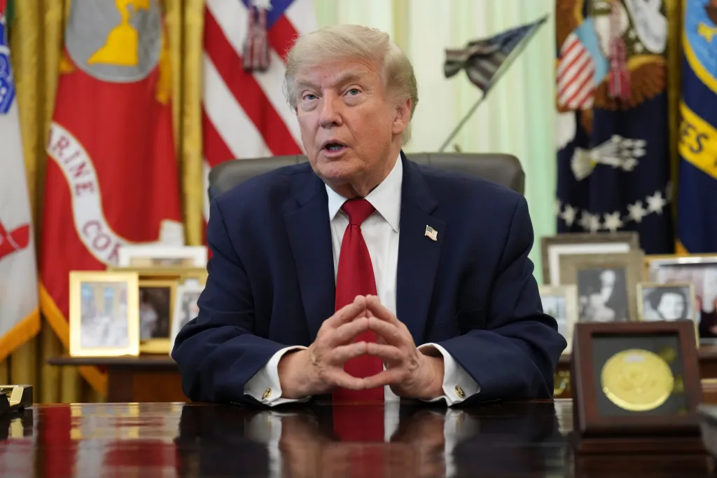 President Donald Trump speaking in the Oval Office.
