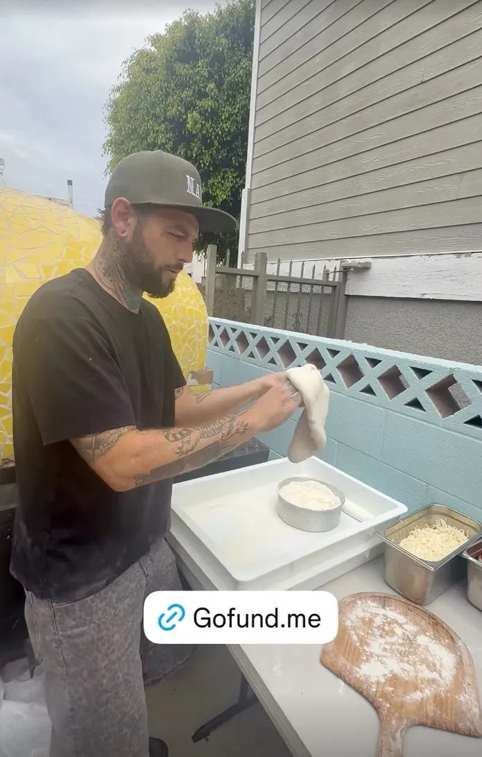 Navarone Garcia making pizza with a GoFundMe overlay.
