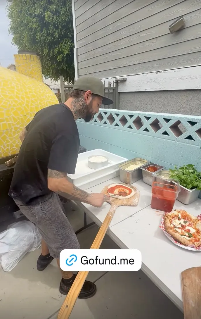 Navarone Garcia making pizza, with a GoFundMe.me button overlaid.