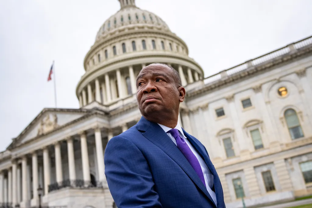 Rep. Cleo Fields (D-La.) looking off-camera with the Capitol Building in the background.
