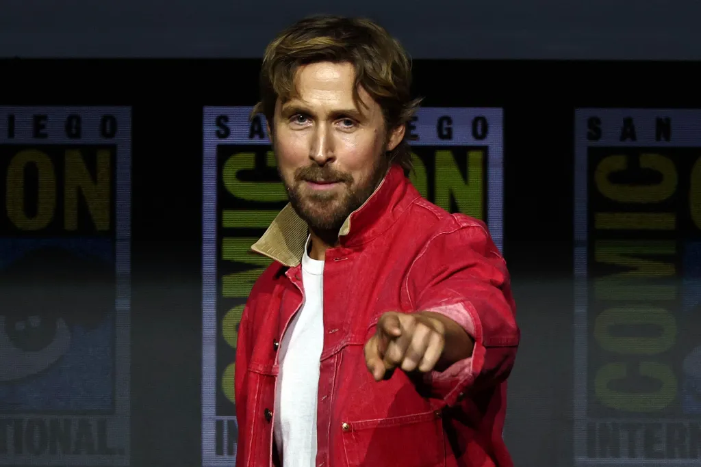 Ryan Gosling pointing at the audience at the Marvel Studios Hall H Presentation at Comic-Con.