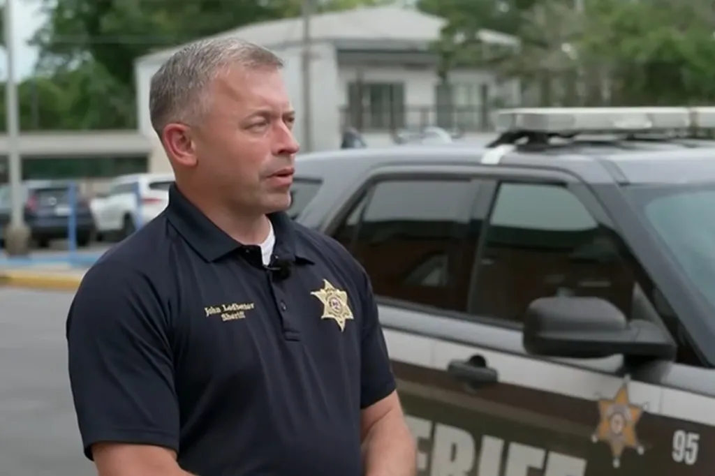 Sheriff John Ledbetter of Jackson County in uniform, standing beside a patrol car.
