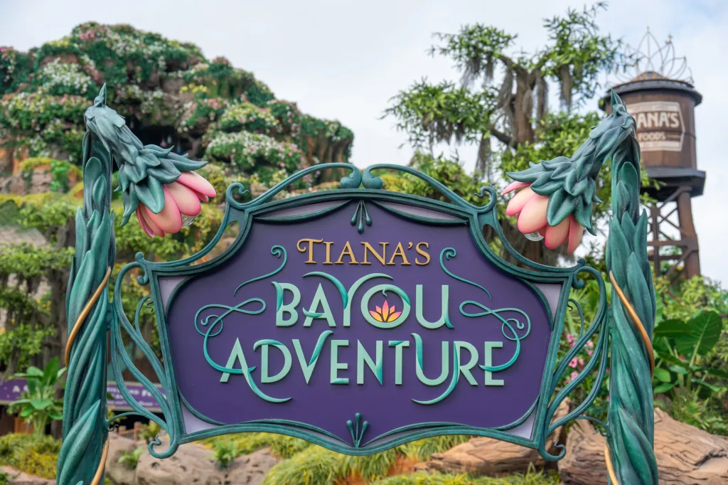 Sign for Tiana's Bayou Adventure.