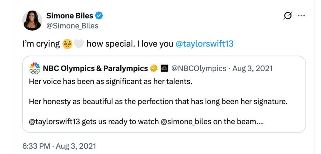 A tweet from Simone Biles saying, 