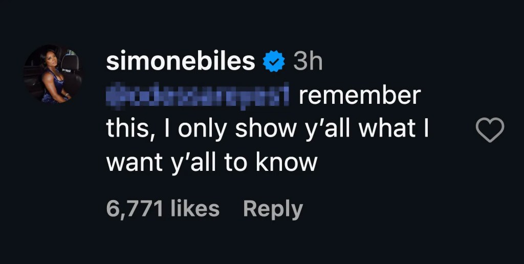 Simone Biles's Instagram comment stating 