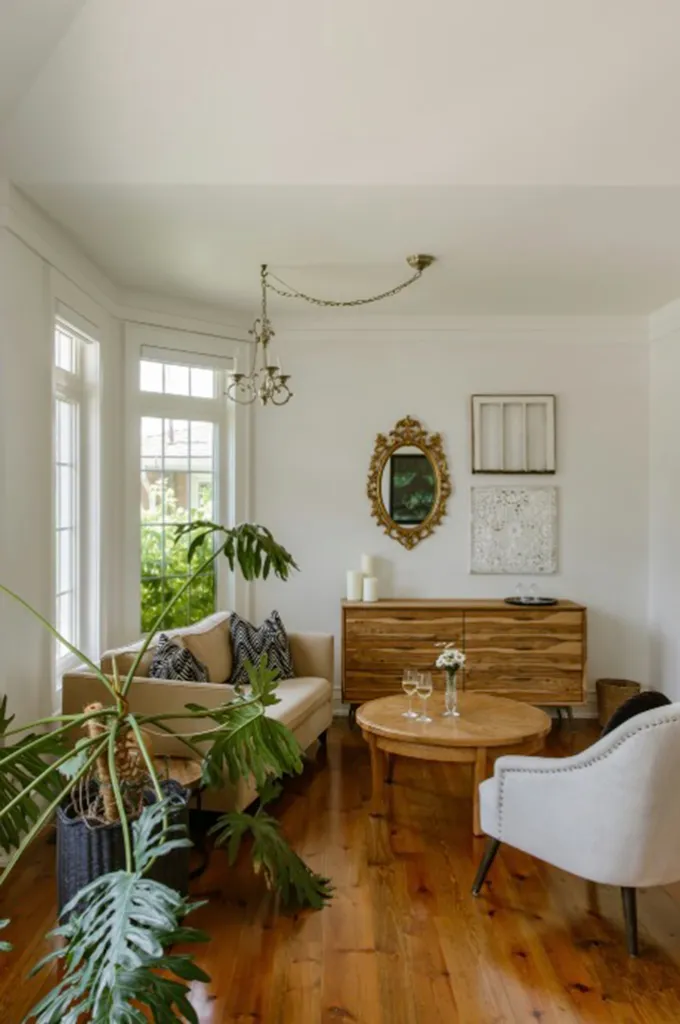 A living room with a beige couch and black and white pillows, a large plant, a wooden coffee table with two glasses of white wine and a vase of flowers, a wooden console table with candles, and a white chair.