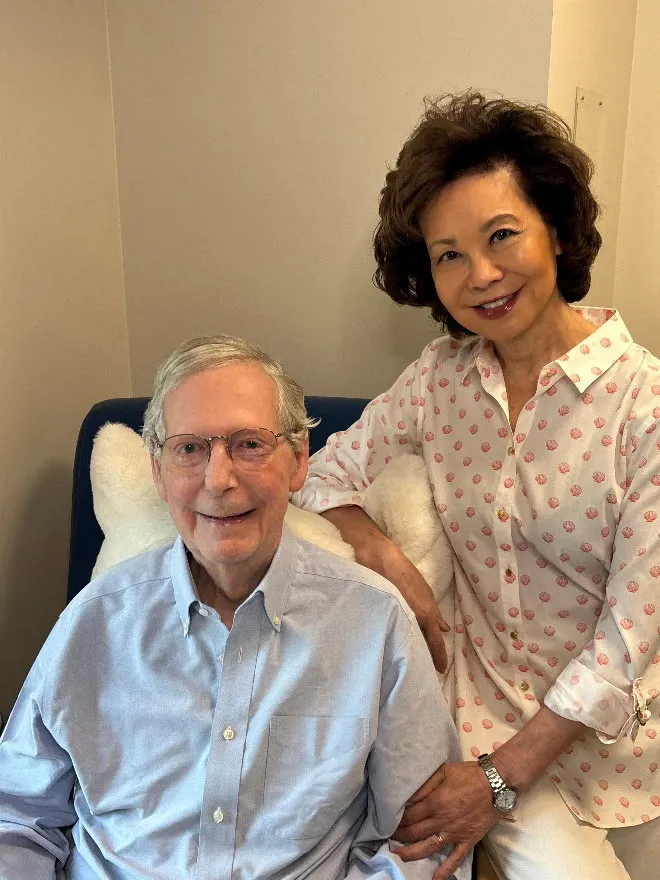 US Senator Mitch McConnell (R-KY) sits with his wife, former United States Secretary of Labor Elaine Chao, in a photograph released by his office in Washington, DC, on July 26, 2026.