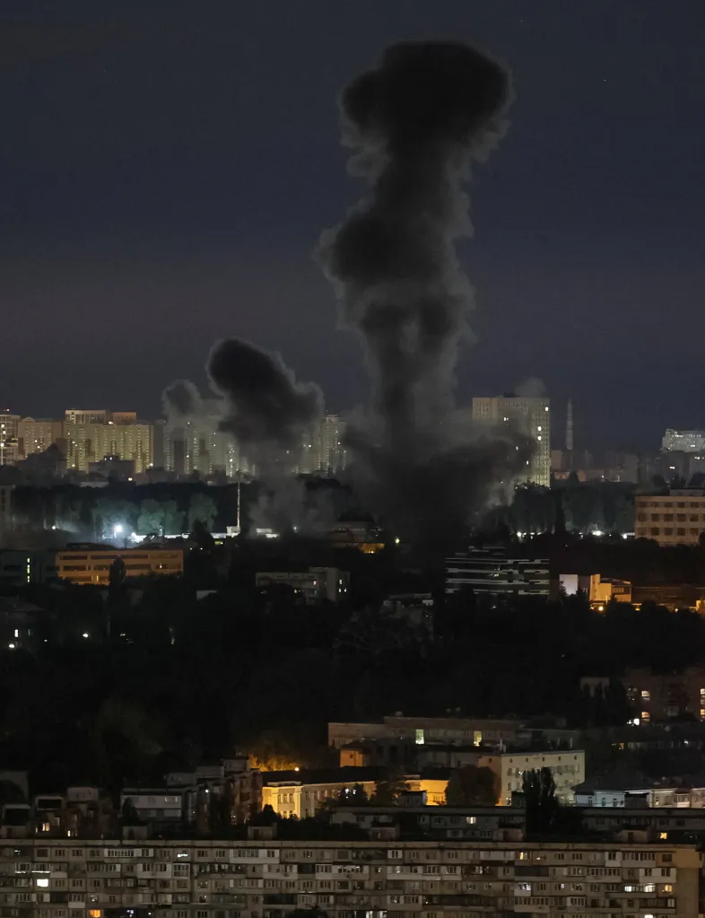 Smoke rises from the site of a Russian missile and drone strike in Kyiv on July 2, 2026.