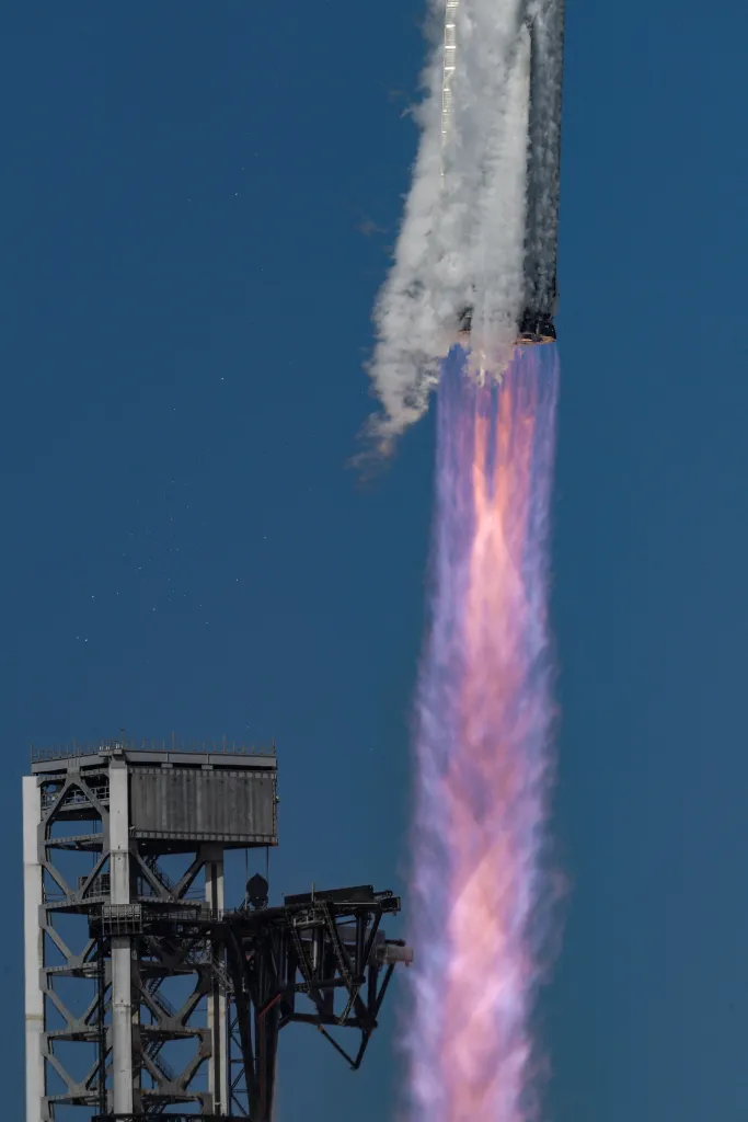 The SpaceX Starship and Super Heavy Booster lifting off on its 13th test flight.