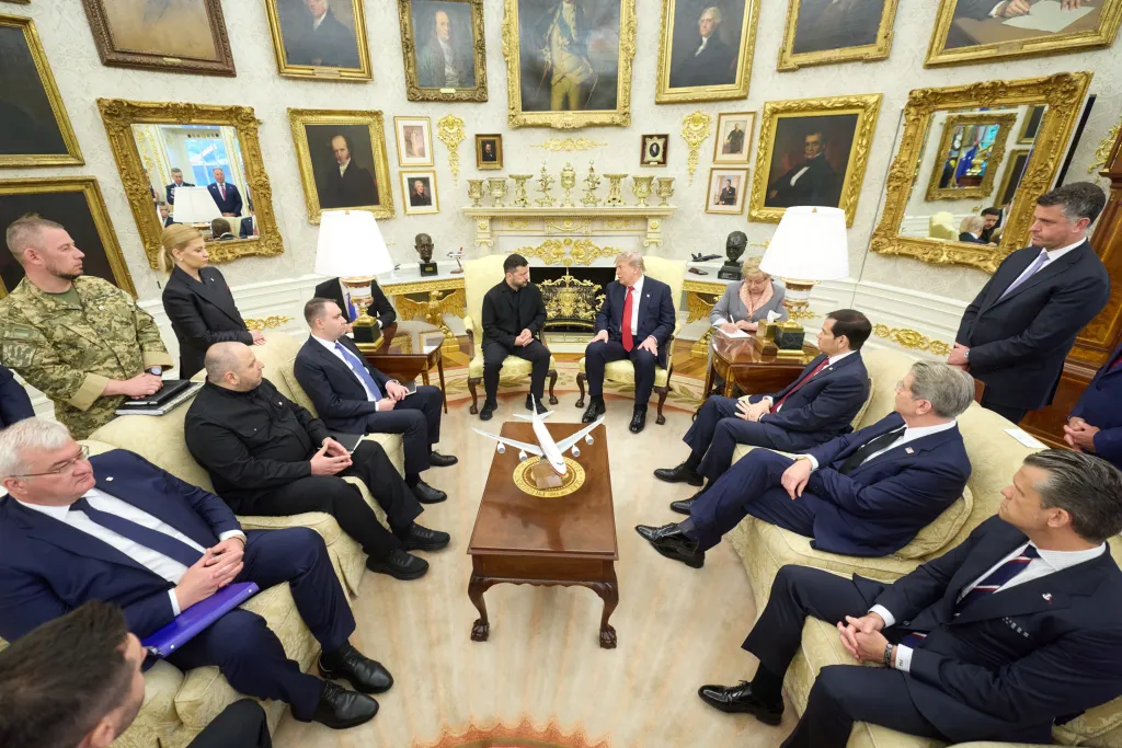 Ukrainian President Zelenskyy and U.S. President Trump meet in Washington D.C. with other officials.