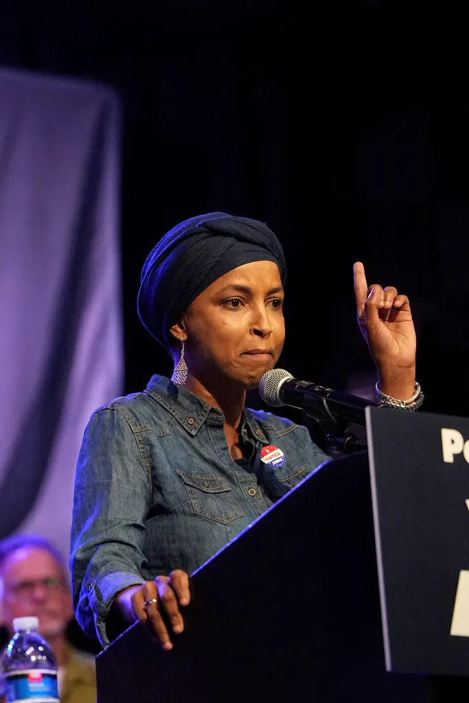 U.S. Representative Ilhan Omar speaking at a campaign rally.