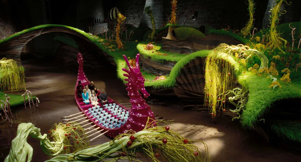 The spun-sugar boat makes its way down the chocolate river in Warner Bros. Pictures’ fantasy adventure “Charlie and the Chocolate Factory”