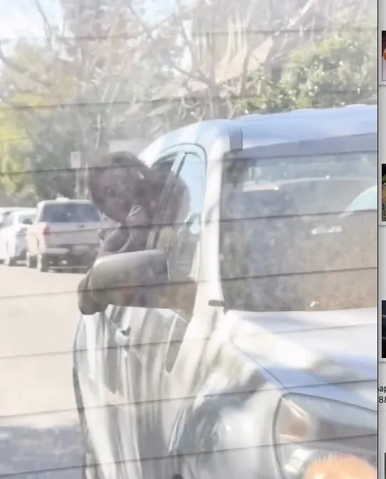 A person's head and arm sticking out of a car window.
