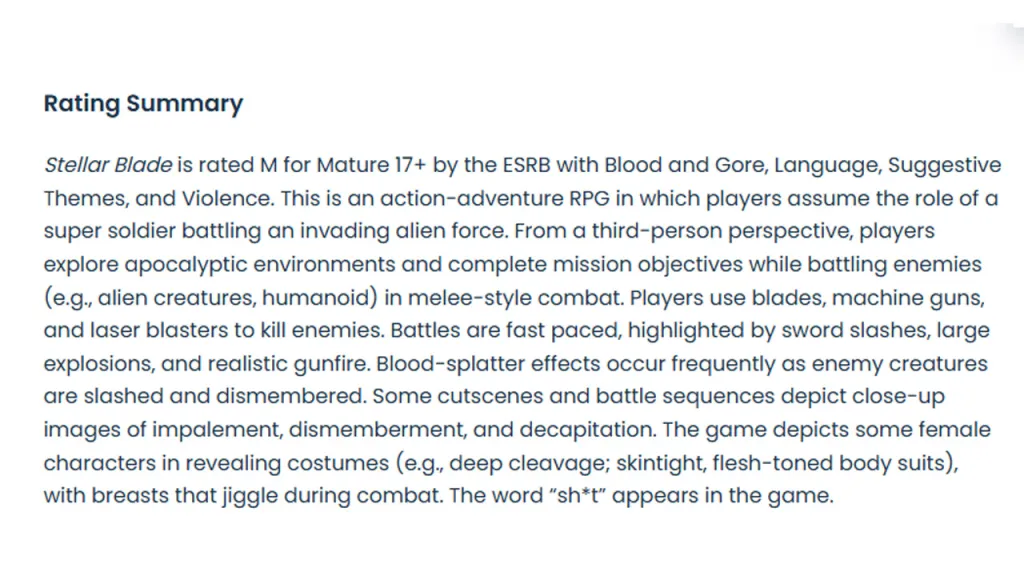Stellar Blade ESRB Rating Switch 2